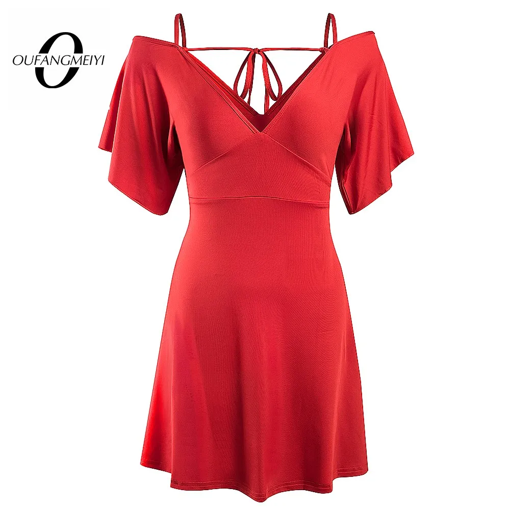 

Women Sexy Charming Pure Color V Neck Ruffle Sleeves Strappy Fitted Flowy Straight Mini Dress 2E106