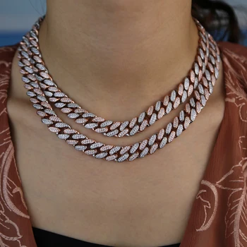 

12mm rose gold two tone color miami cuban chain hiphop iced out bling cz cubic zirconia paved women men cuban necklace jewelry
