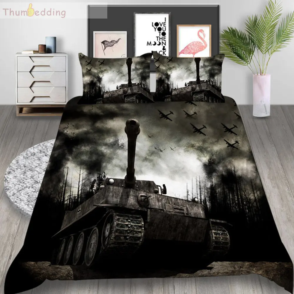 

Thumbedding Black Bedding Set Tank King Size Duvet Cover Set Queen War Atmosphere Soft Material Bed Cover with Pillowcase 3pcs
