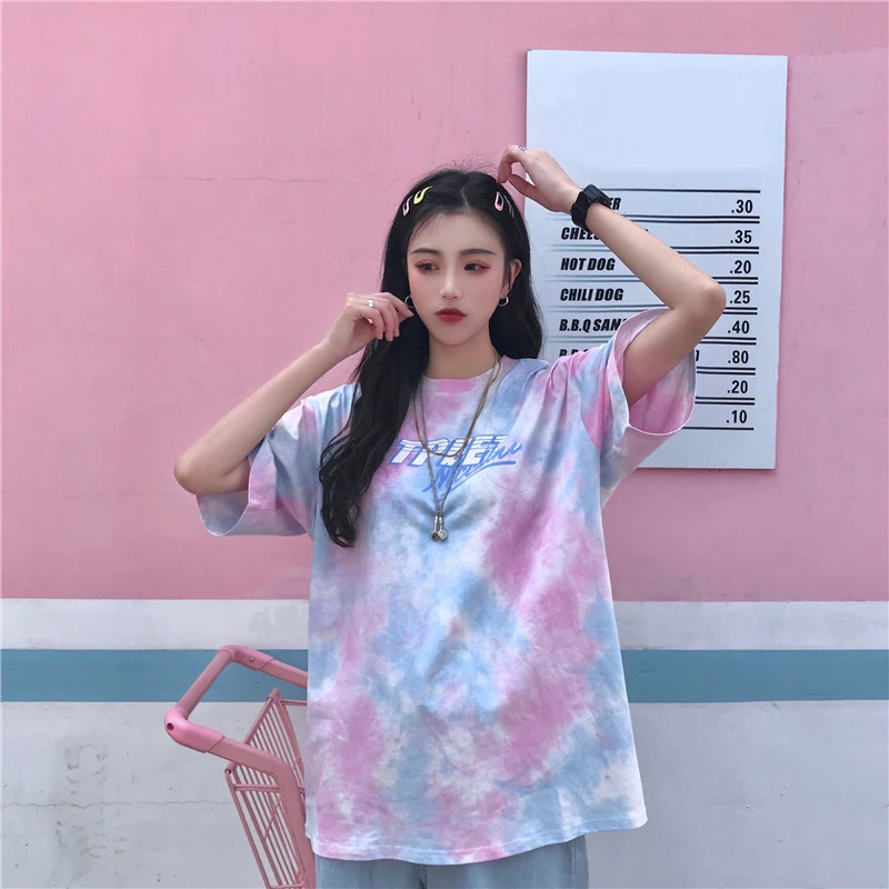 

Tie Dye Gradient Large Size Loose OVERSIZE Harajuku Female Letters Tops Print Hip Hop Short Sleeve Couple T-shirt vintage clothe