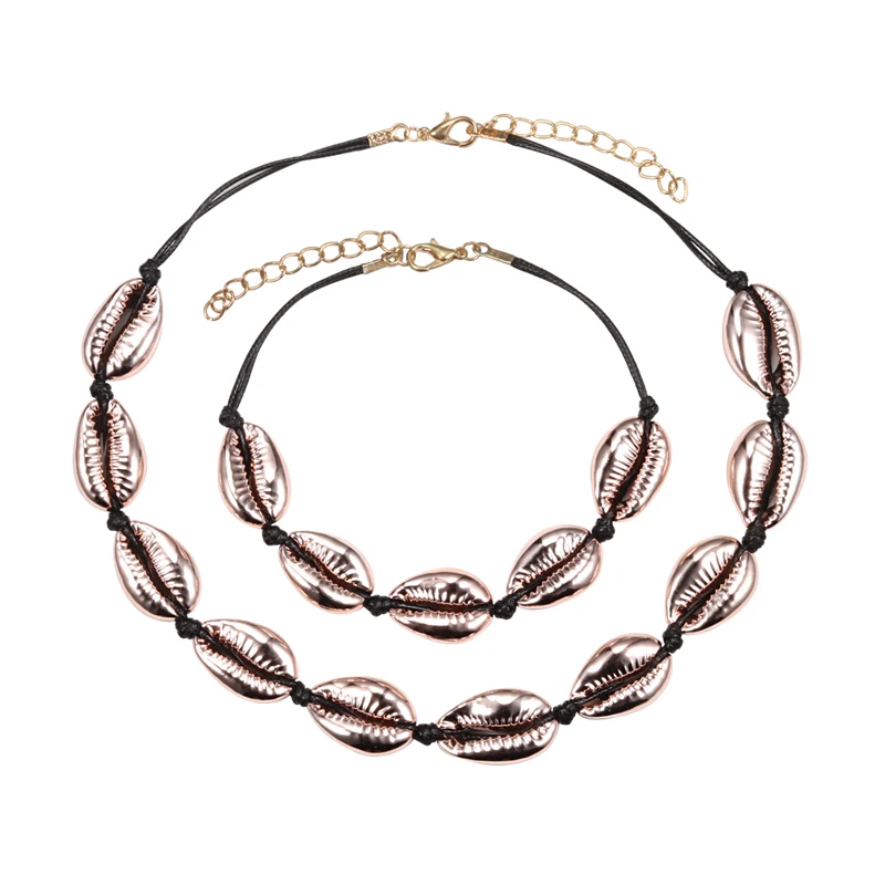 rose gold black Богемные 2 шт./компл. белая веревка натуральный корпус браслет ожерелье Женская мода морской коври браслеты и браслеты ювелирные изделия девушка аксессуары - Окраска металла: rose gold black