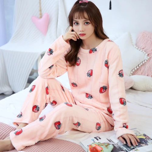 R B fentiaowencaomei winter pyjamas Women Warm Flannel Pajama Set Thicken Girl Print pijama Long Sleeve Coral fleece Sleepwear Suit Women Nightshirt - Цвет: R B fentiaowencaomei