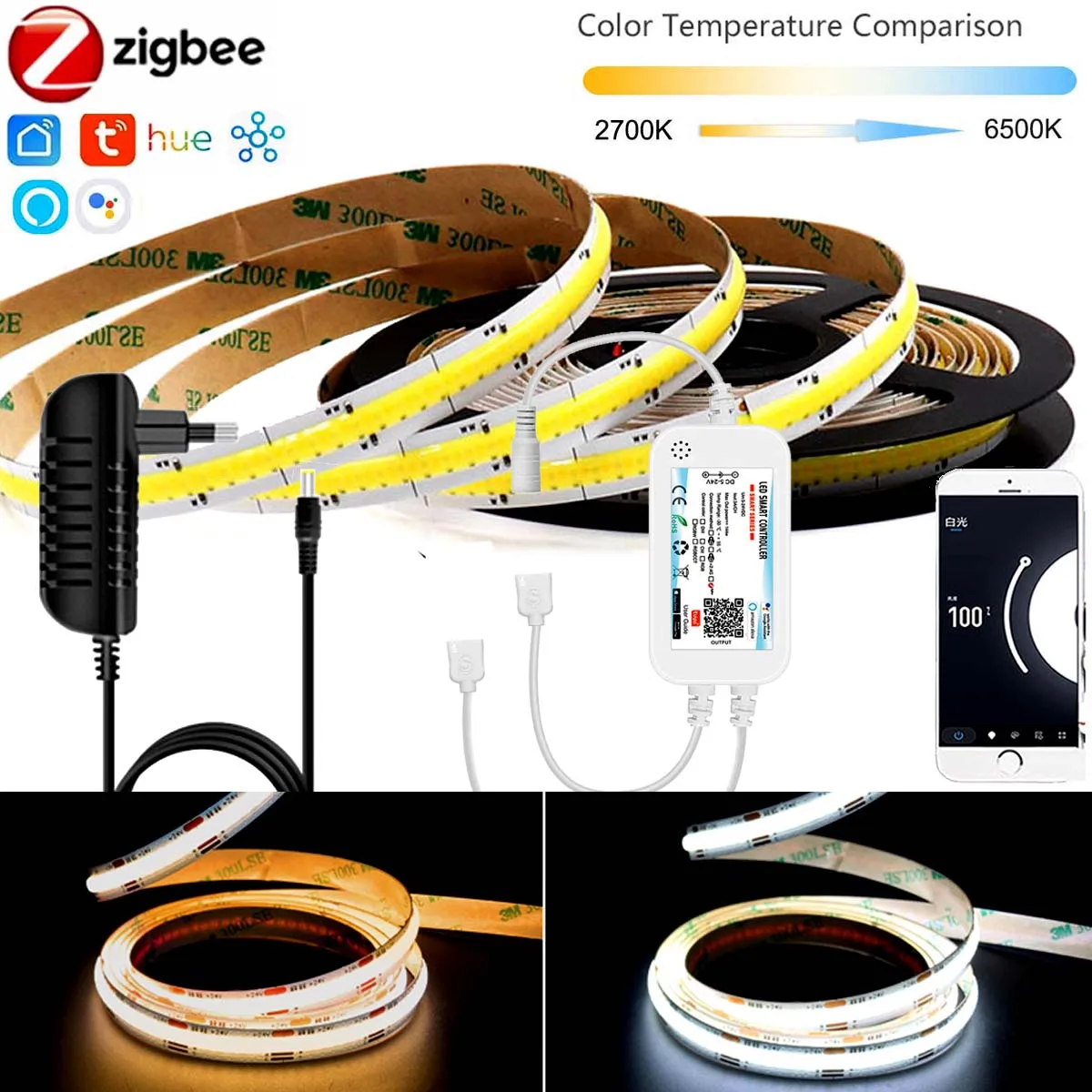 Светодиодная лента Zigbee3.0 2700-6500K 24 в 1-10 м CCT COB с регулируемой яркостью светодиодов/м