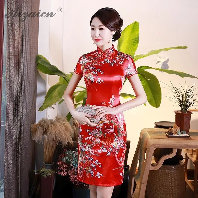 

2019 Mini Cheongsam Chinese Traditional Dress Qipao Silks Satin Printing Daily Mom Vintage Dress Oriental Style Dresses Cheap