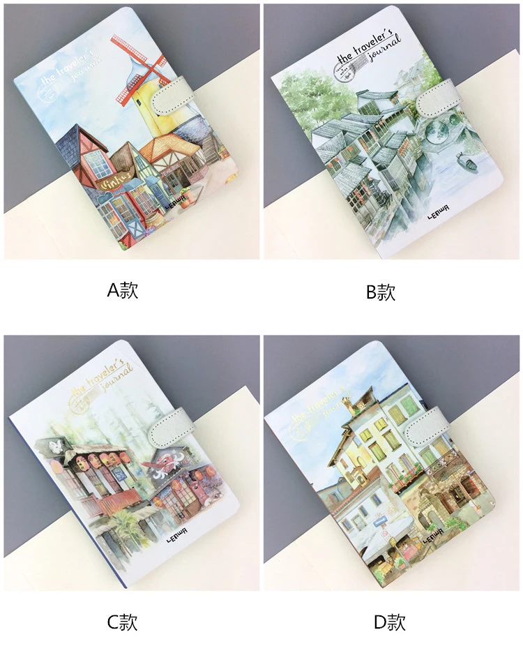 Small Fresh Hand Account 32K Color Page Magnetic Buckle Blank Notebook Coated Side Travel Account 3 Beautiful Town