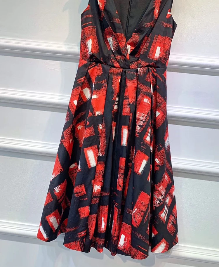 Ziwwshaoyu Red Printed Cotton Fashion Dress Women's Mesh Lining Designer Summer Sexy Party Knee-Length Dresses