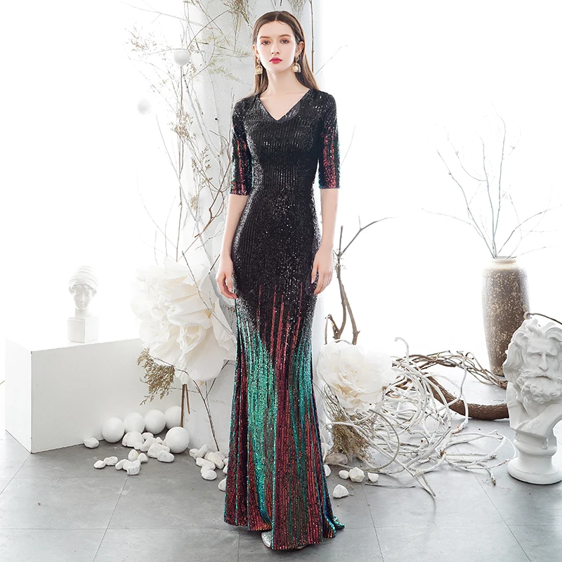 AE702 Robe De Soiree, вечерние платья, новые сексуальные платья с v-образным вырезом и рукавом средней длины, Длинные вечерние платья с блестками - Цвет: AE702