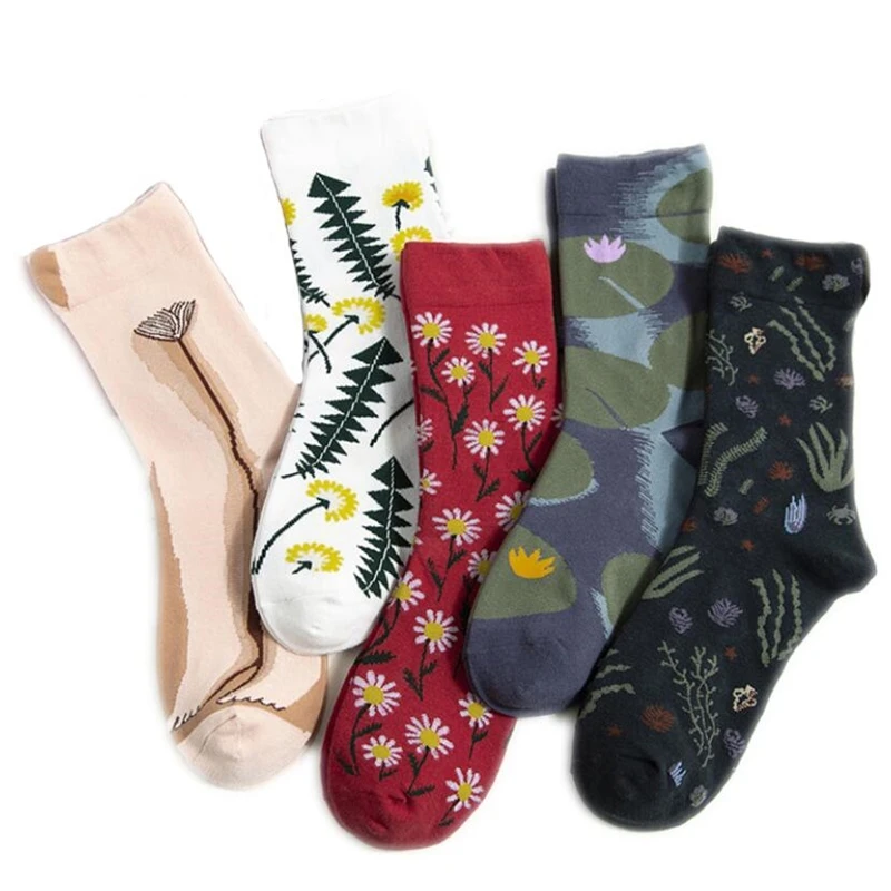 

2pcs/1 Pair Women Socks Funny Cute Fashion Happy Colorful Botany Lotus Leaves Flowered Cotton Female Harajuku Hip Hop Socks