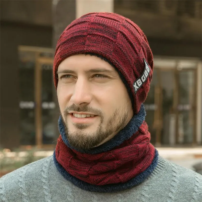 Зимняя мужская шапка и шарф, Мужская теплая вязаная плюшевая шапка в рубчик, комплект из 2 предметов, мужские шапочки, шапка с кольцом, шарфы, серые аксессуары для взрослых