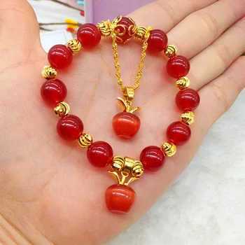 

New Red Opal Bridal Jewelry Sets Lady Elegant Apple Peace Bracelet Necklace Christmas Gift