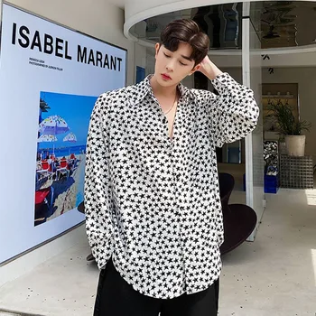 

Male Vintage Fashion Streetstyle Hip Hop Dress Shirt Men Spring Summer New Star Print Long Sleeve Casual Shirt