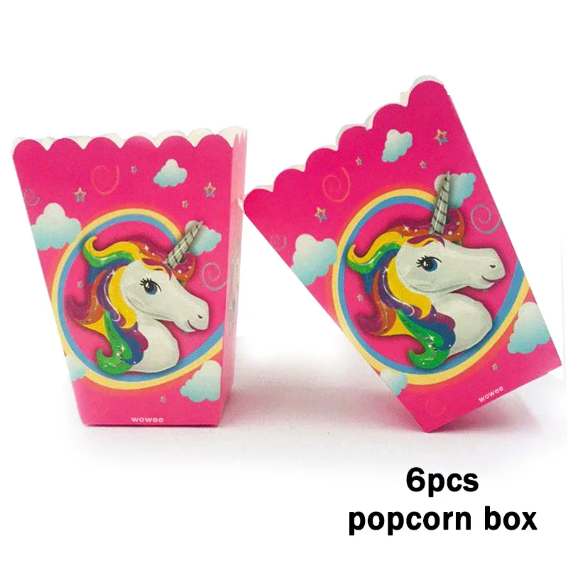 10 Kids Unicorn Disposable Tableware Happy Birthday Party Supplies Festival Decoration Event Favor Gender Reveal Girls Pink - Цвет: 6Popcorn Box