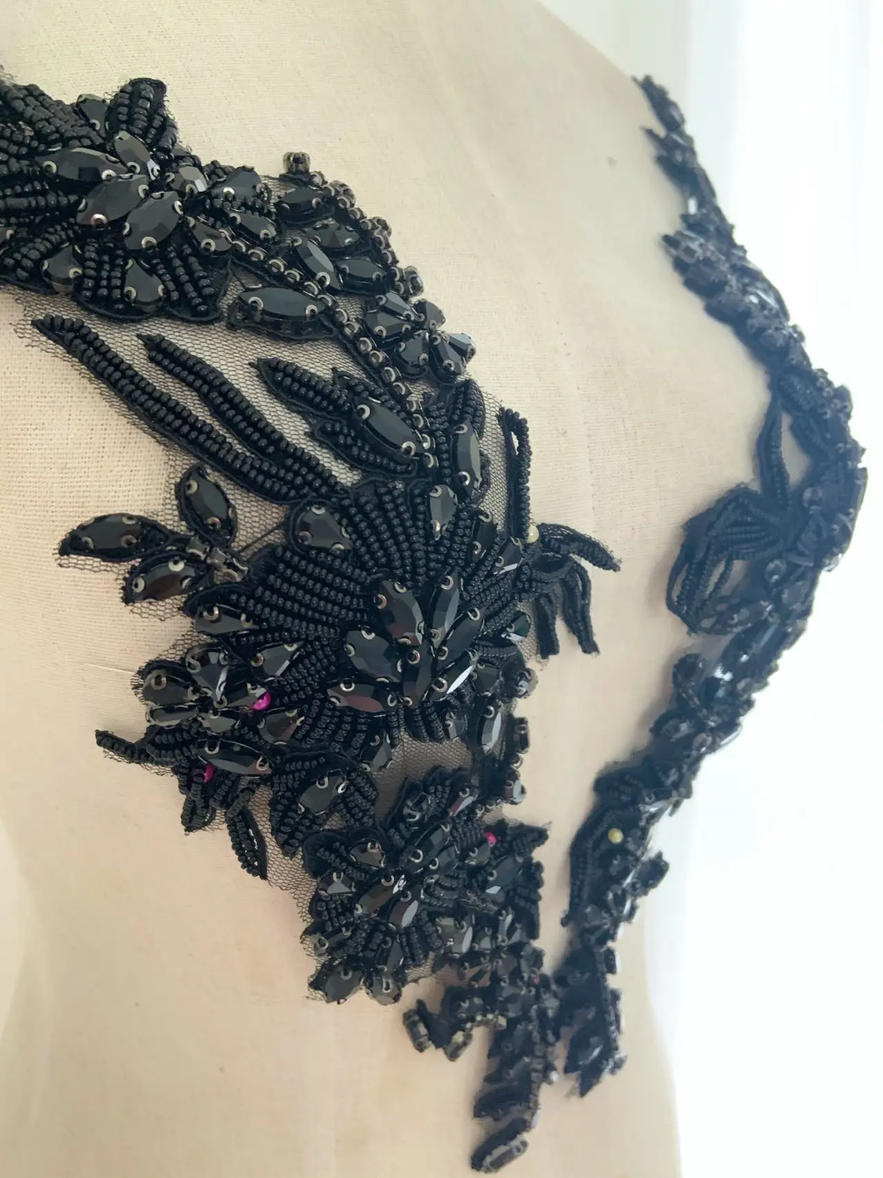 

Black Heavy Rhinestone Applique Crystal Bodice Patch 3D Flowers Deluxe Bead for Couture,Dance Handcrafted,Bridal Gown Decor