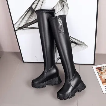 

Wedge Over The Knee Boots Women Shoes 2020 Thigh High Boots Chunky Heels Women Shoes Winter Pu Leather Black Long Boots
