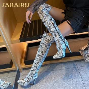

Sarairis 2020 New Arrivals Snake Print Fashion Shoes Woman Boots Personality Thin High Heels Zip Up Over The Knee Boots Ladies