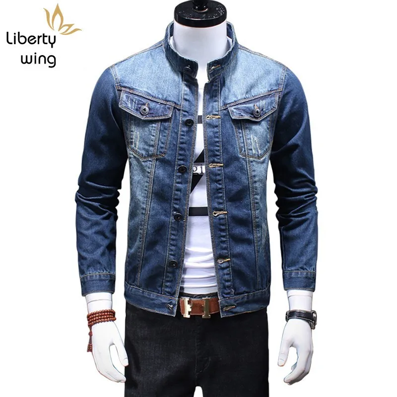 

Classic Male Retro Washed Denim Stand Collar Casual Mens Jeans Jacket Trucker Biker Motorcycle Coat Slim Fit Outwear Plus Size