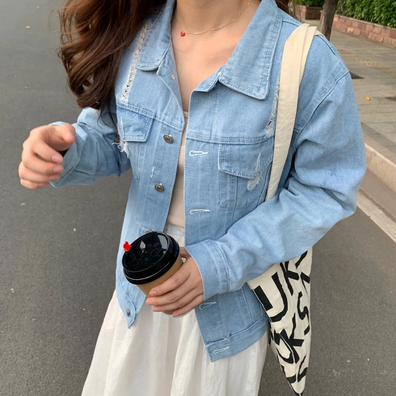 Осень, женские шикарные джинсовые куртки с дырками, отложной воротник, Женская Классическая Повседневная Верхняя одежда, модное пальто, джинсовая куртка для женщин - Цвет: baby blue