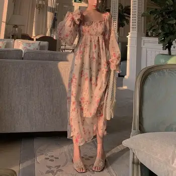 

2019 Women Square Neck Long Sleeve Maxi Dress A-Line Floral Print Dress Sweet Lantern Sleeve Chiffon Dress