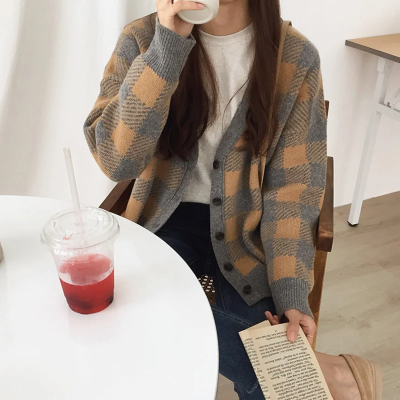 Женский кардиган Harajuku, клетчатый кардиган, свитер, пальто, женский свитер, женский зимний