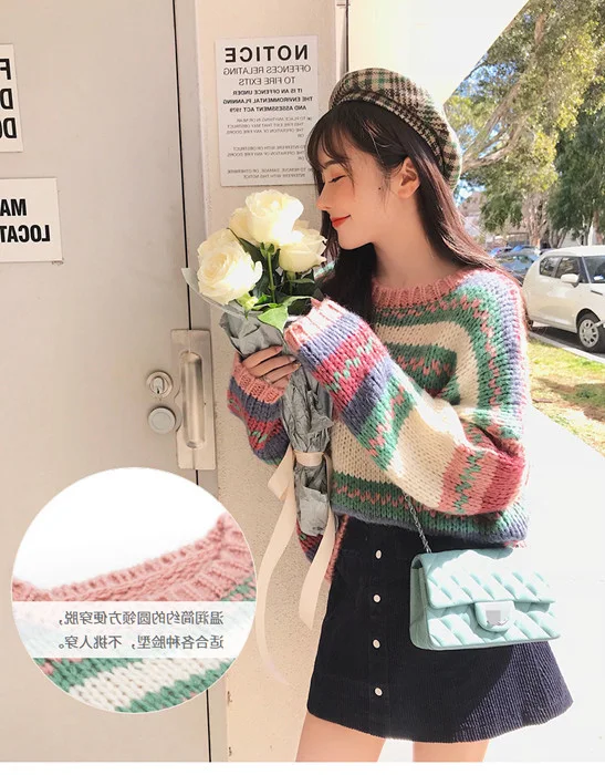 Женский вязаный свитер большого размера и пуловеры в Корейском стиле, модные женские свитера, новые радужные топы на осень и зиму