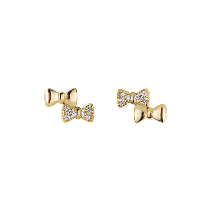 925 Sterling Silver Simple Bow Stud Earrings Women Pavé Crystal Sweet Romantic Goddess 14K Gold Plating Jewelry Accessories Gift