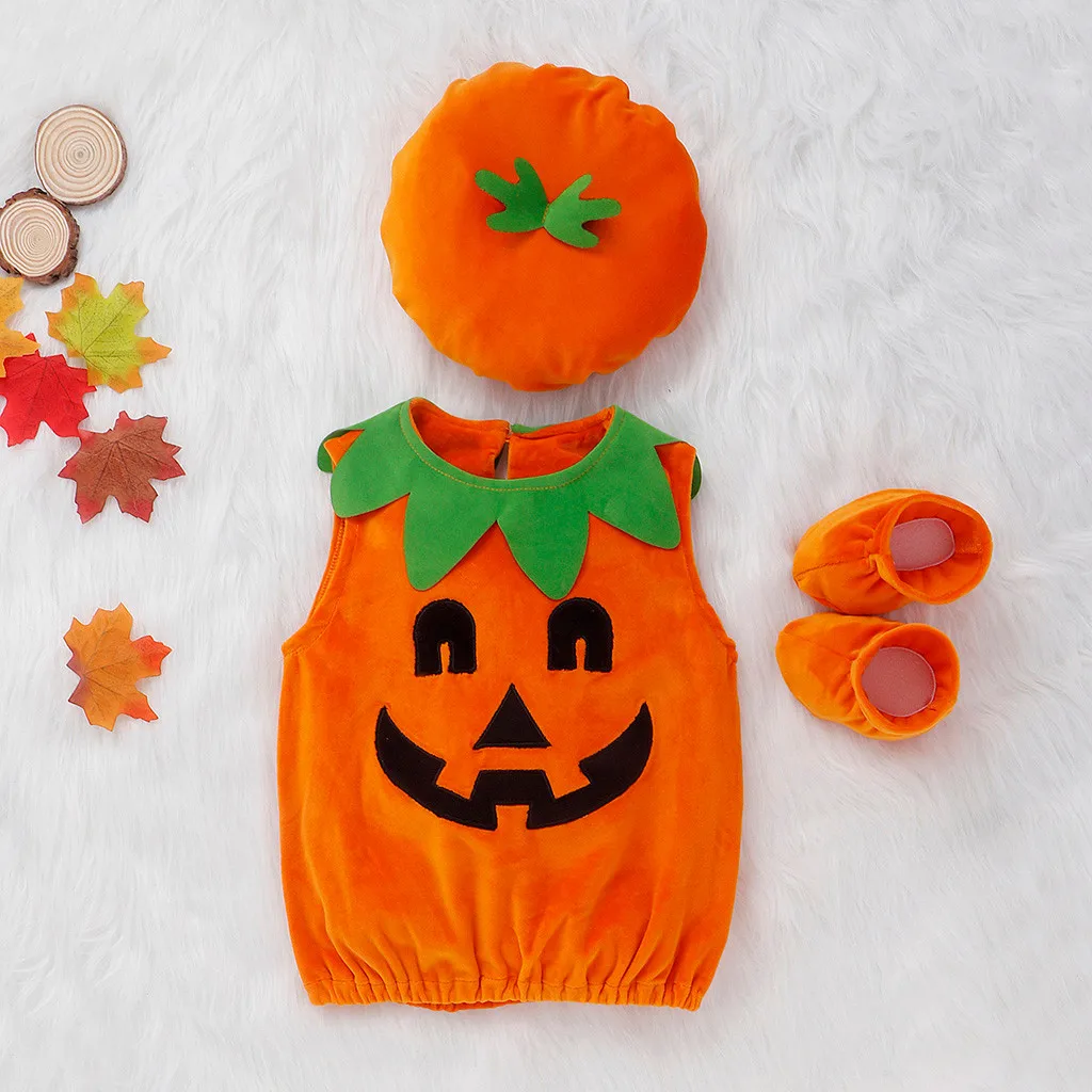 

Toddler Baby Kids Girls Demon Pumpkin Halloween Romper+Cap+Shoes Outfits Set боди для новорожденных ropa bebe kids clothes