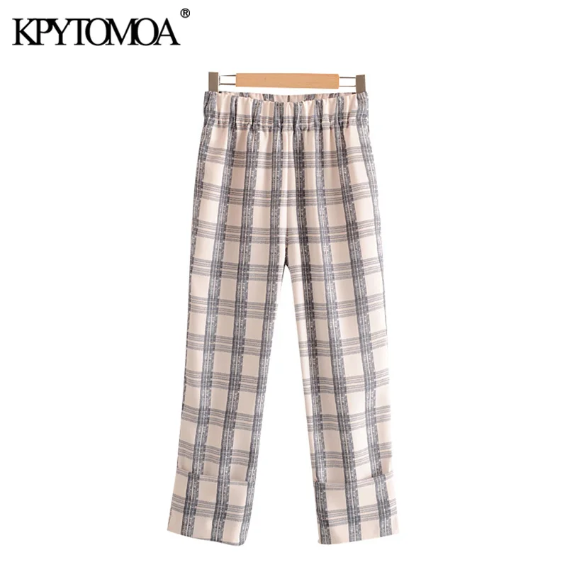 

KPYTOMOA Women 2020 Chic Fashion Plaid Straight Pants Vintage Elastic Waist Side Pockets Female Ankle Trousers Pantalones Mujer