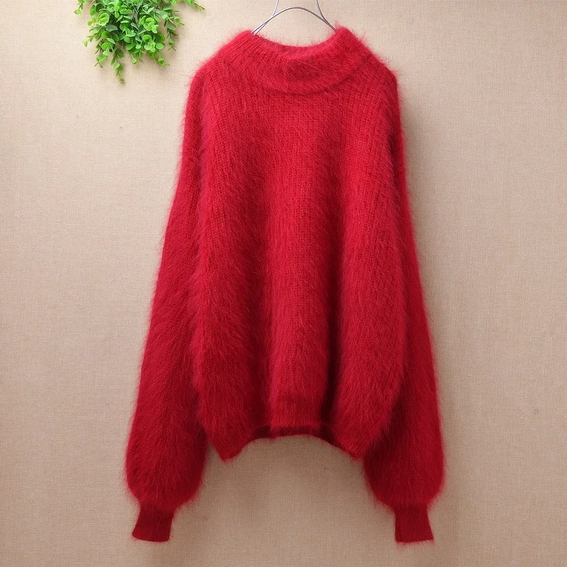 

classic red sweaters oversize plush mink cashmere o-neck pullover angora rabbit fur loose knitted sweater winter wear
