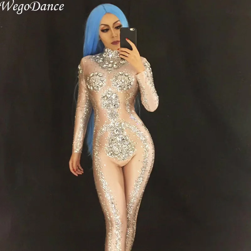  New Star Style Big Glass Diamonds Woman Jumpsuit Full Sparkling Crystals HandMade Bodysuit Nightclu