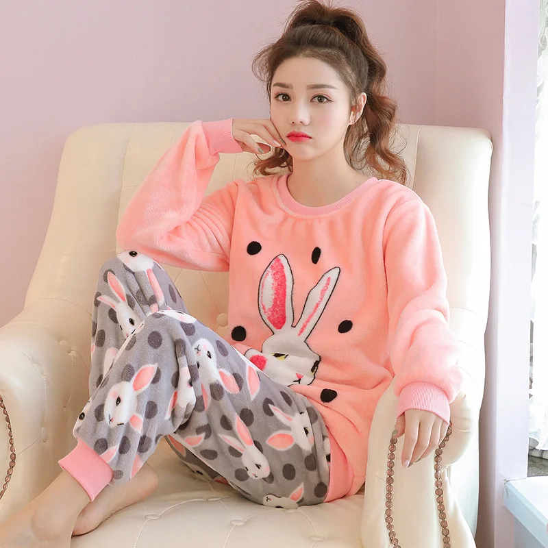 

Pajamas Women's Autumn & Winter Coral Velvet Cute Rabbit Head Flannel Two-Piece Set Korean-style Sweet-Outer Wear Tracksuit