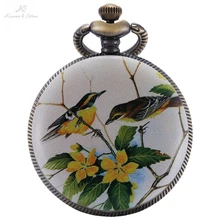 KS Ретро Медные полые перламутровые птички Цветочная композиция Охотник кварцевые подвески цепи Fobs карманные часы Relogio Ювелирные изделия/KSP078