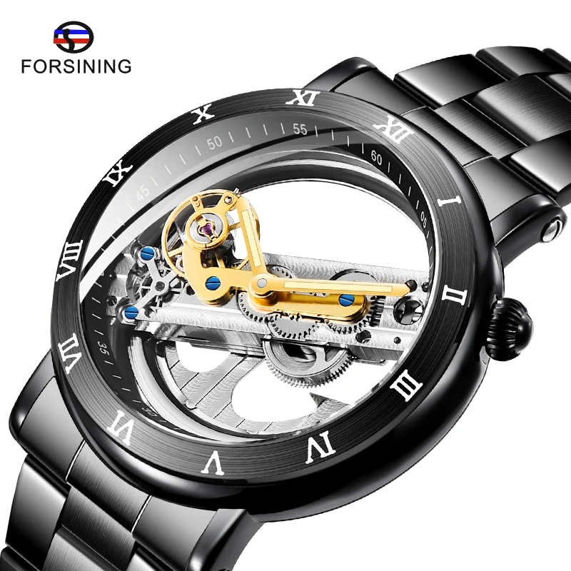 

Fashion FORSINING Men Watch Double Side Transparent Mechanical Automatic Watch Steel Steampunk Creative Waterproof Wristwatch