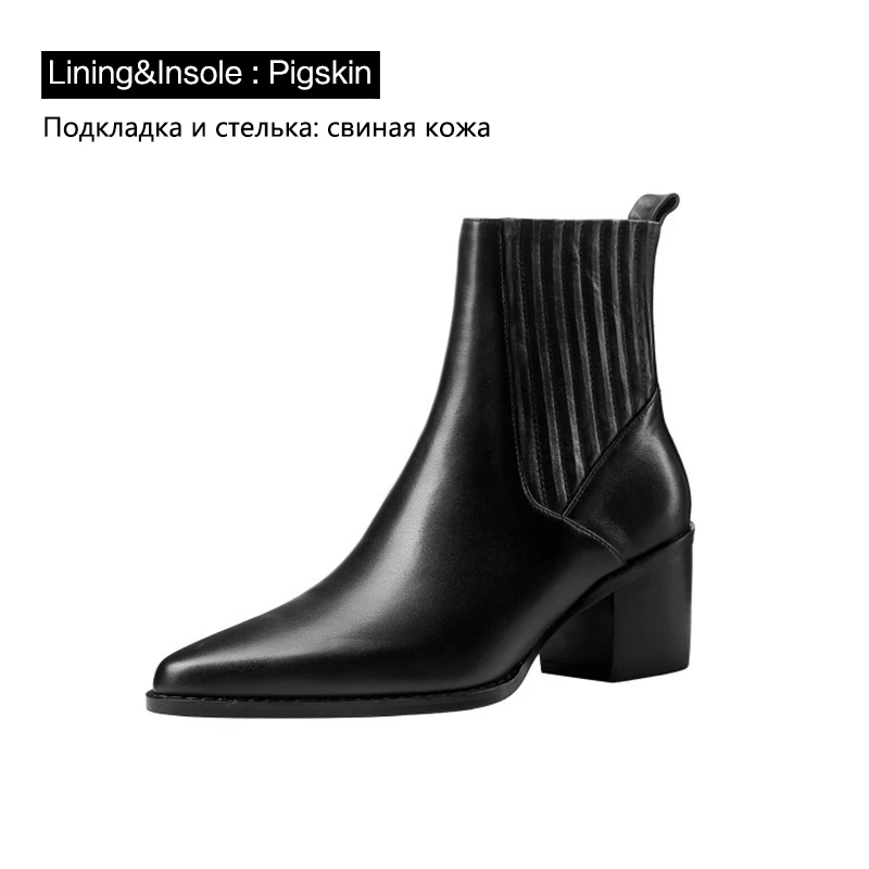 Black pigskin Donna-in/женские сапоги из натуральной кожи на высоком каблуке; пикантная обувь с острым носком черного цвета; сезон осень-зима; слипоны с эластичной лентой; bottes femme - Цвет: Black pigskin