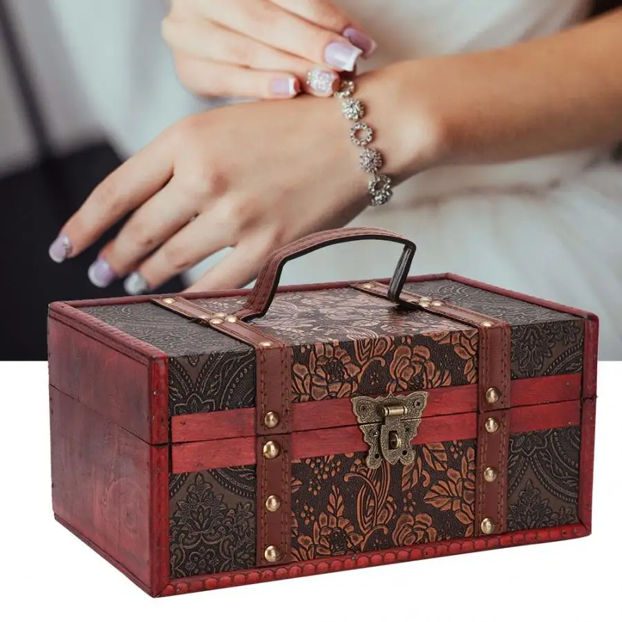 

Portable Vintage Jewelry Box Container Wooden Rings Earring Necklace Storage Holder with Lock Watch Holder for Watch Storage