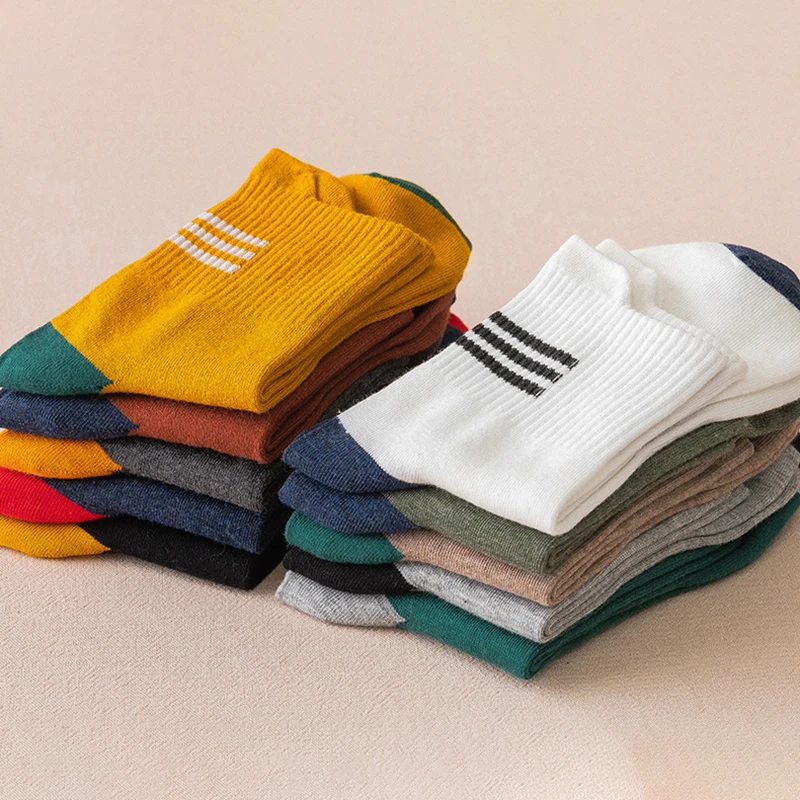 5 Pairs Pack Men Socks Color Contrast Stripe Cotton Sock Comfortable Breathable Sports Running Knee-High Socks Women Sports Sock