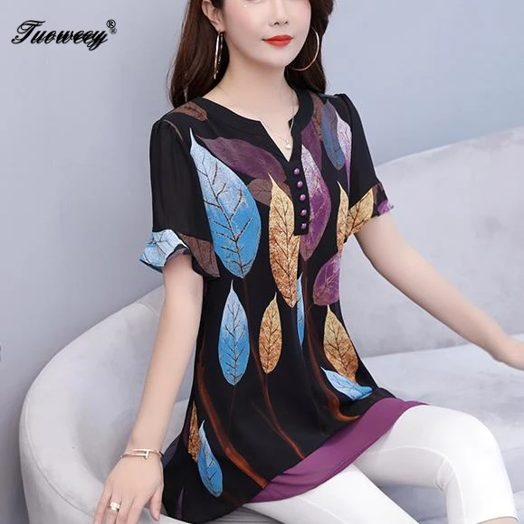 

2019 Summer Women Chiffon Blouse Shirts Casual button Loose elegant v neck Short Sleeve Floral Print Tops blusas