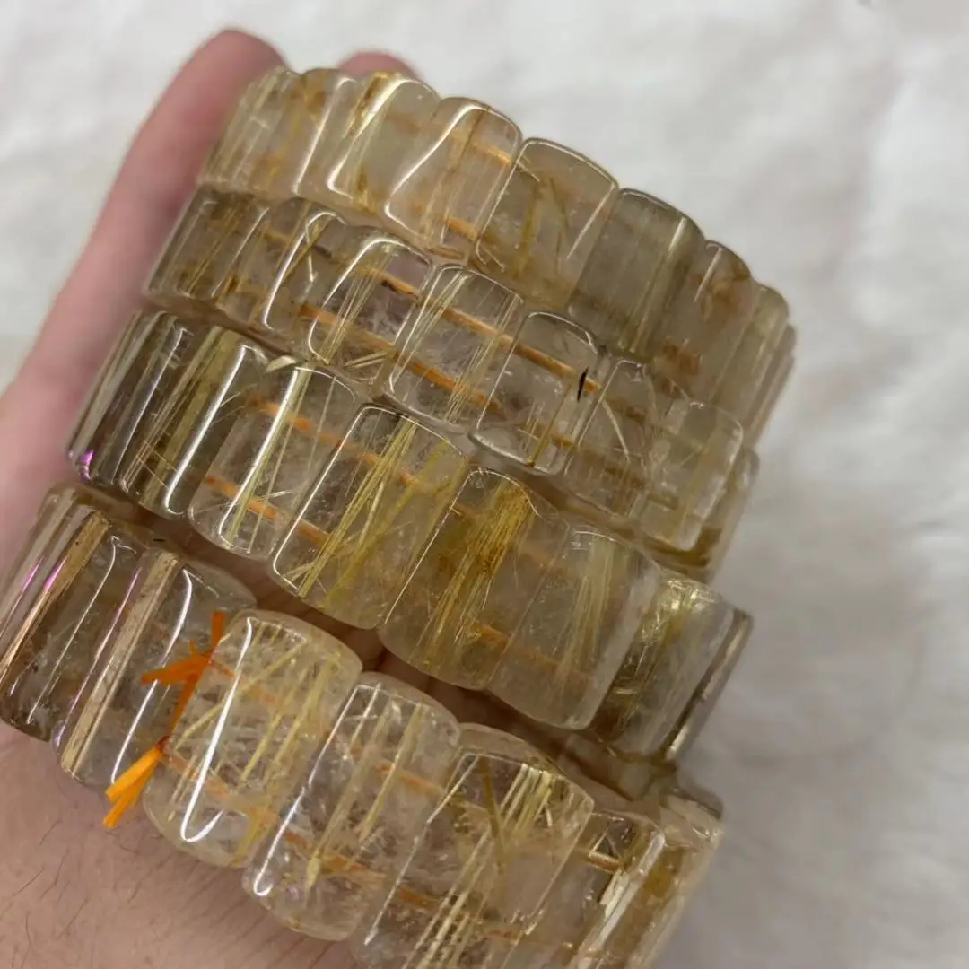 Золотой Рутиловый кварцевый камень бисер браслет украшения из природного драгоценного камня браслет для женщин для мужчин оптом