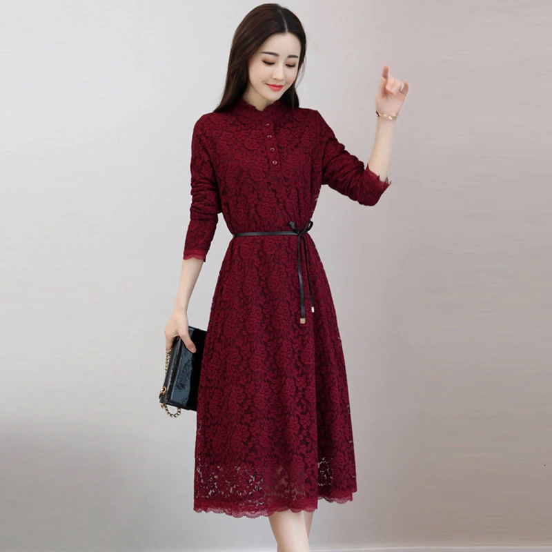 

Fashion Spring Autumn Ladies Mid-calf Dresses Lace Dress Women Ruffles Stand Colalr Long Sleeve Thicken Warm Dress LJ2050