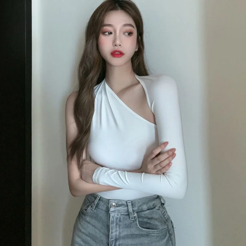 

Spring Autumn Long Sleeve T Shirt Women Solid Color Off Shoulder T Shirts Female Irregular Tops