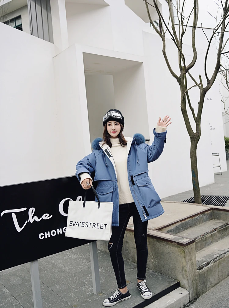 Новинка, женский пуховик средней длины с большим меховым воротником, армейская рабочая одежда, корейский стиль, свободное плотное пальто большого размера