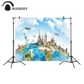 

Allenjoy Paris Tower Cityscape Banner Statue Of Liberty Building Aircraft Island Ocean Photocall Curtain Birthday Party Supplies