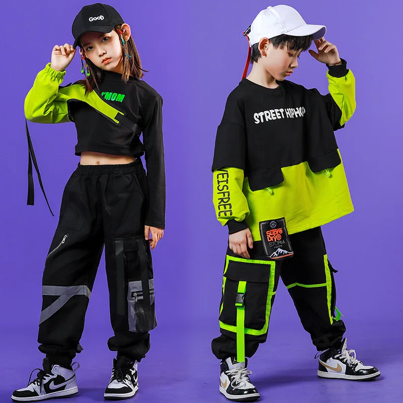 Kids 2 Pieces Sets Sweatshirt Pant Children Streetwear Hip Hop Tracksuit Sports Top Cargo Trousers Stage Show Dance Clothing | Мать и