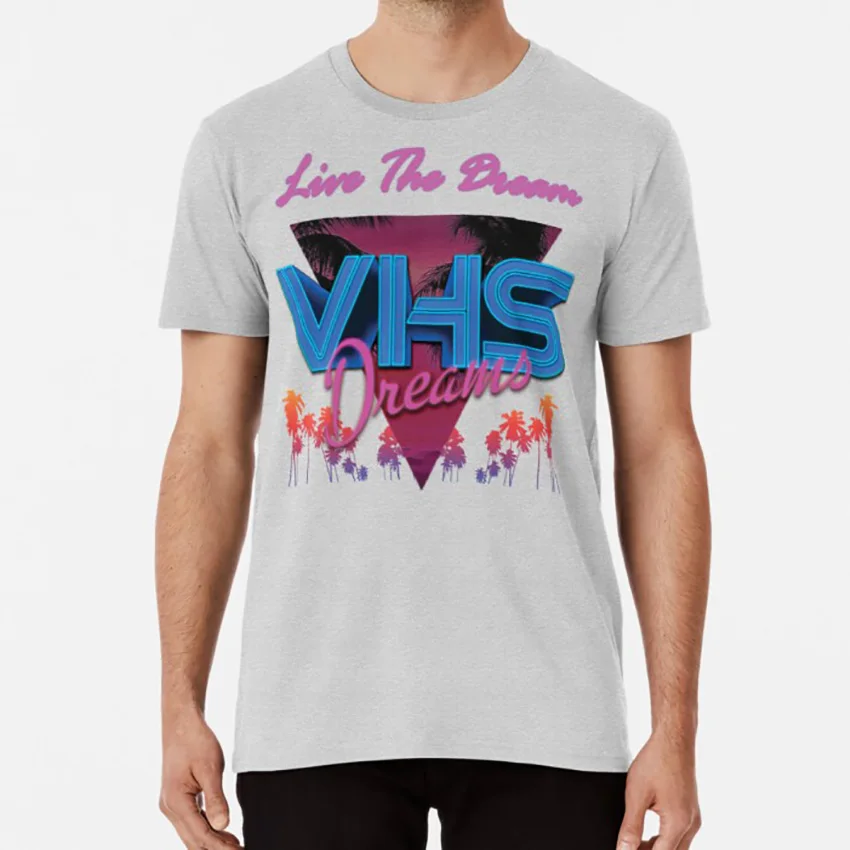 VHS Dreams Live the Dream-PALMS футболка vhs dreams Ретро synthwave 80s ностальгия неоновая сетка palms vhs - Цвет: Серый