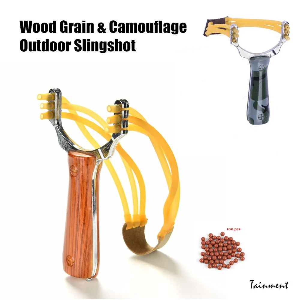 

Outdoor Slingshot with Three Card Latex Tube Rubber Band & Marbles Hunting Bow Wood Grain Shooting Fishing Card Ball Slingshot