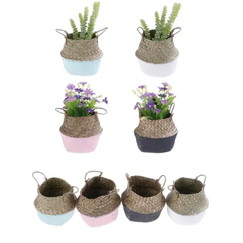 

New Handmade Wicker Basket Bamboo Seagrass Flower Pot Storage Basket Foldable Straw Patchwork Rattan Seagrass Belly Garden Decor
