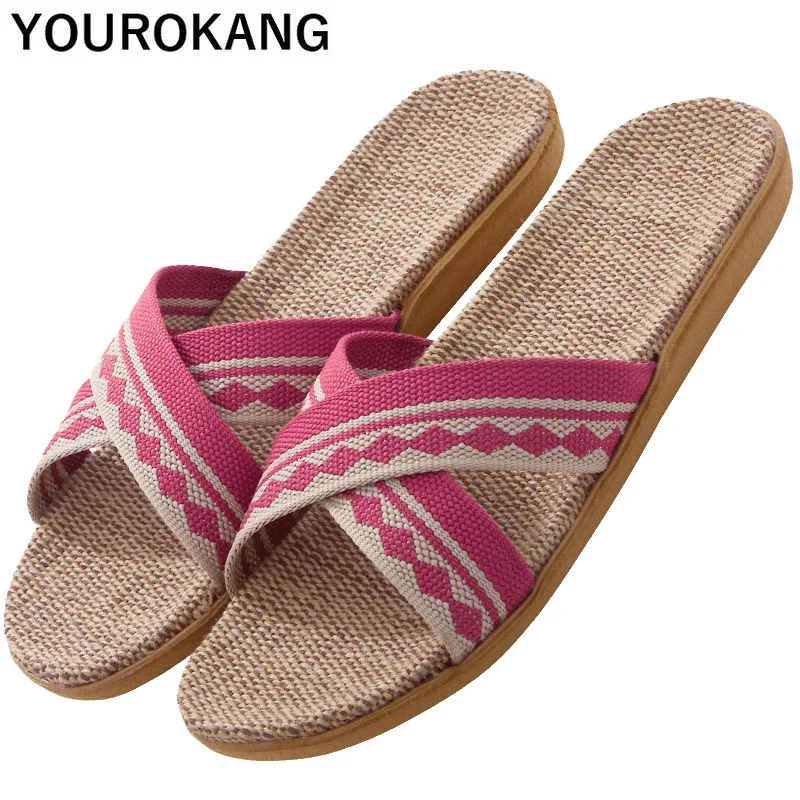 

Flax Men Summer Shoes Breathable Men Home Slippers Linen Man's Bathroom Slippers Flat Unisex Couple Bedroom Slippers 2020