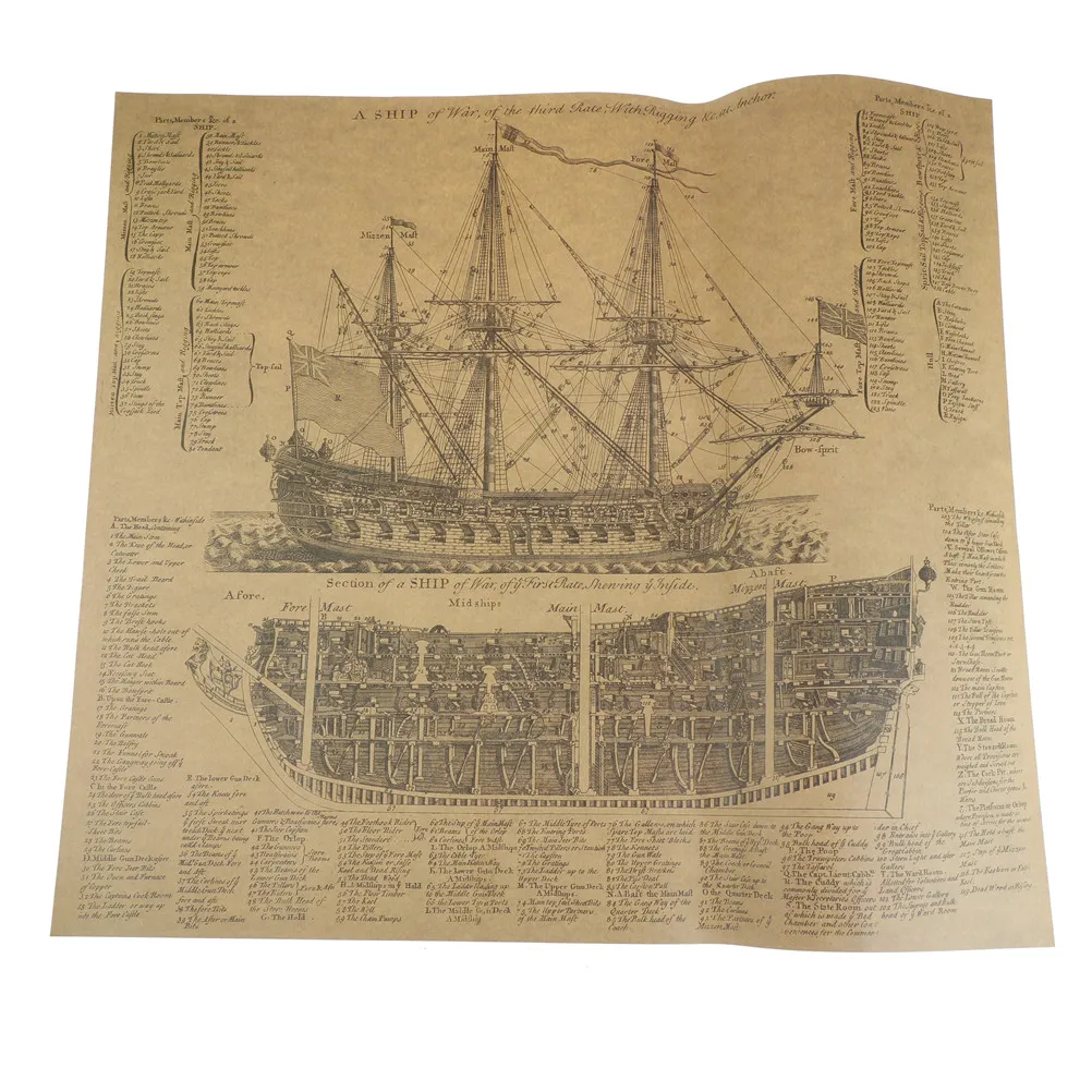 New 1pc Great Maritime Era Ancient Warship Design Drawings Vintage Posters Kraft Paper Posters Wall Stickers Mural Decor