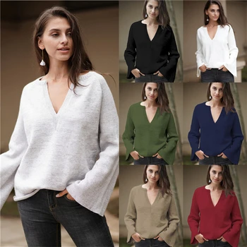 

Lugentolo Women Sweater Autumn New Solid Color V-neck Pullover Trumpet Sleeves Loose 7 color