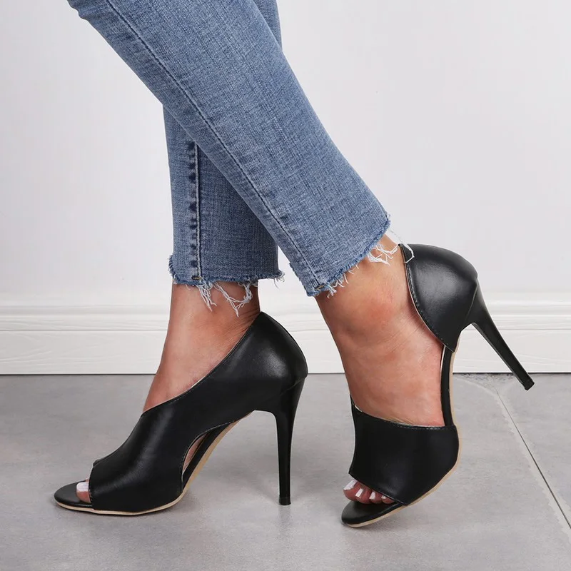 Женщины Кожа PU Насосы Твердотопливные вырезов Sexy Toe Пип дышащий женщина Высокая