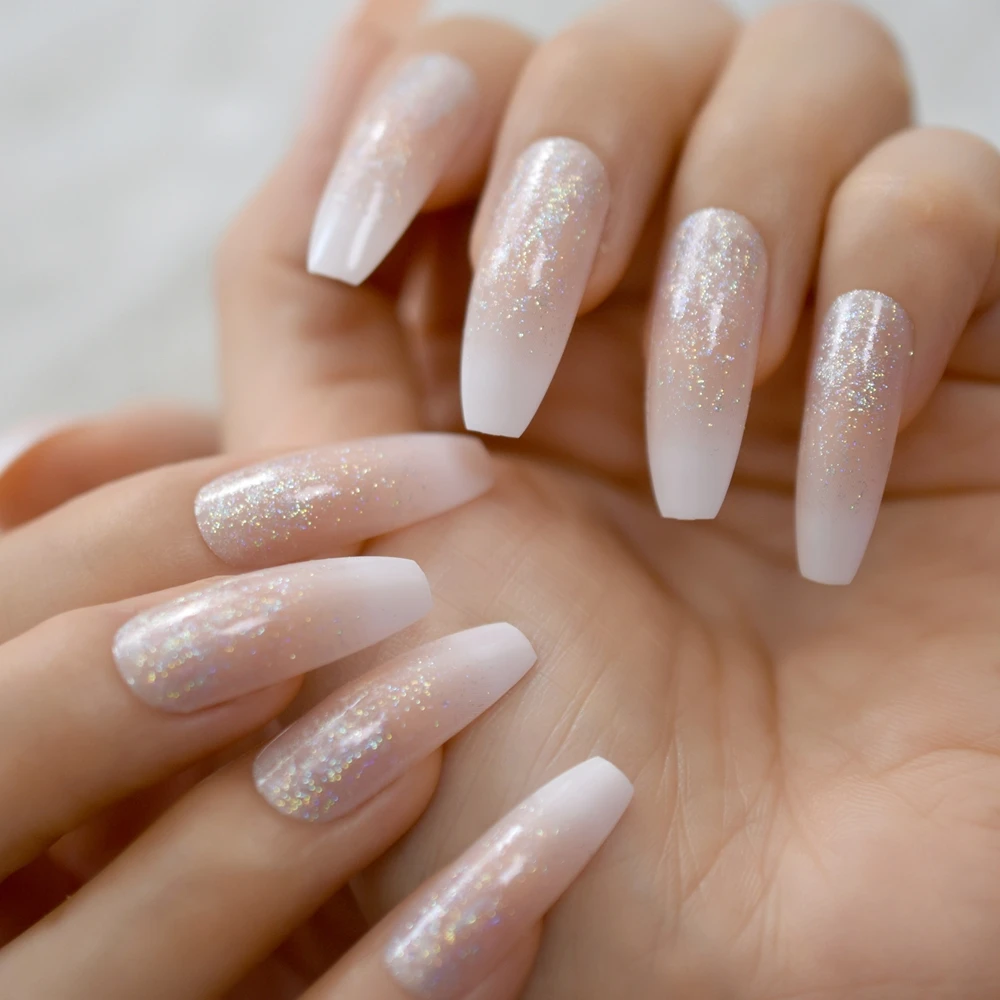 Holographic Faux Ongles Ombre Natural French Manicure Nail Glitter Gel Fake Nails With Designs Set 24 Ct False Nails Aliexpress